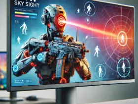 Close-up of MSI MEG 321URX QD-OLED gaming monitor showcasing A.I. Sky Sight technology in action with highlighted enemy positions on the screen.