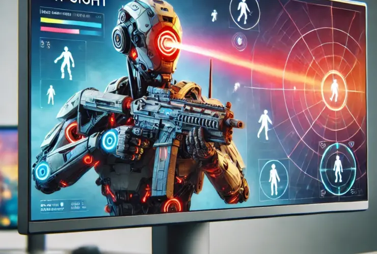 Close-up of MSI MEG 321URX QD-OLED gaming monitor showcasing A.I. Sky Sight technology in action with highlighted enemy positions on the screen.