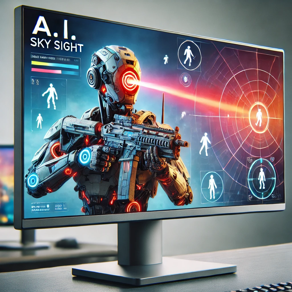 Close-up of MSI MEG 321URX QD-OLED gaming monitor showcasing A.I. Sky Sight technology in action with highlighted enemy positions on the screen.