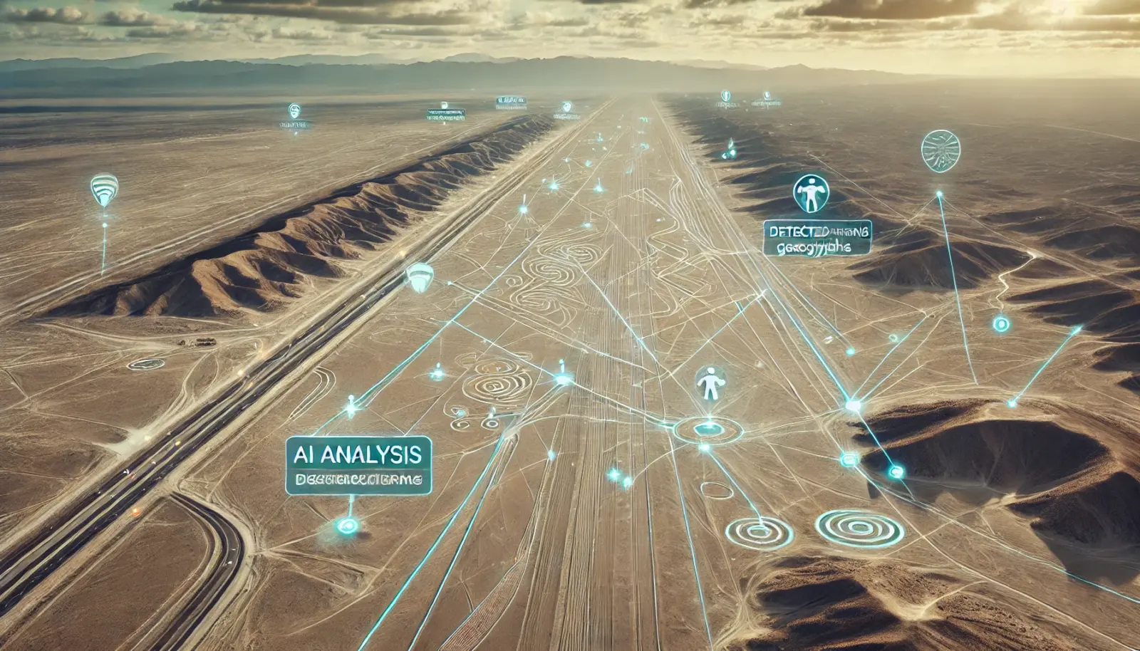 AI technology analyzing the Nazca Lines in Peru with detected patterns and geoglyphs highlighted on a digital map.