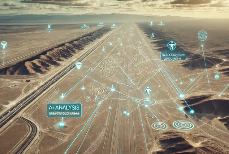 AI technology analyzing the Nazca Lines in Peru with detected patterns and geoglyphs highlighted on a digital map.