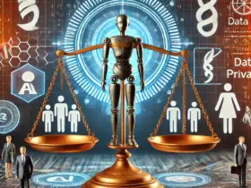 Depicts the ethical implications of artificial intelligence, showing a balance between innovation and responsibility with symbols such as scales of justice, data privacy icons, and human figures.