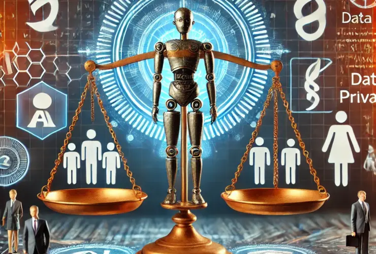 Depicts the ethical implications of artificial intelligence, showing a balance between innovation and responsibility with symbols such as scales of justice, data privacy icons, and human figures.