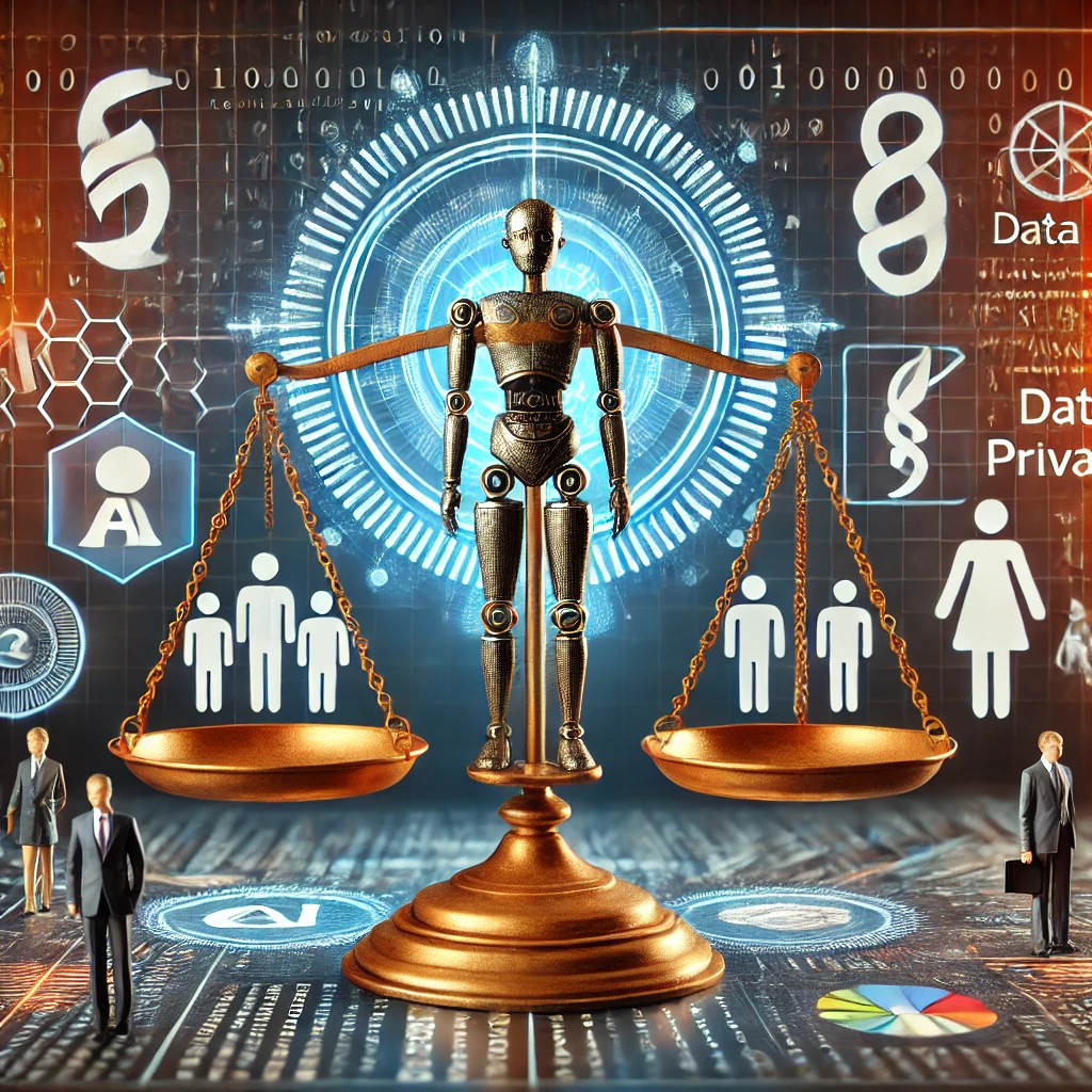 Depicts the ethical implications of artificial intelligence, showing a balance between innovation and responsibility with symbols such as scales of justice, data privacy icons, and human figures.