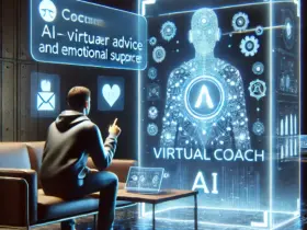 A person interacting with an AI-powered virtual coach on a holographic screen, providing personalized career advice and emotional support.