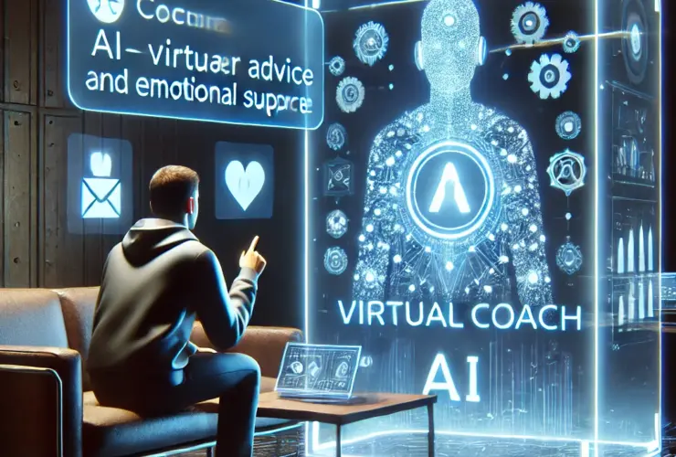 A person interacting with an AI-powered virtual coach on a holographic screen, providing personalized career advice and emotional support.