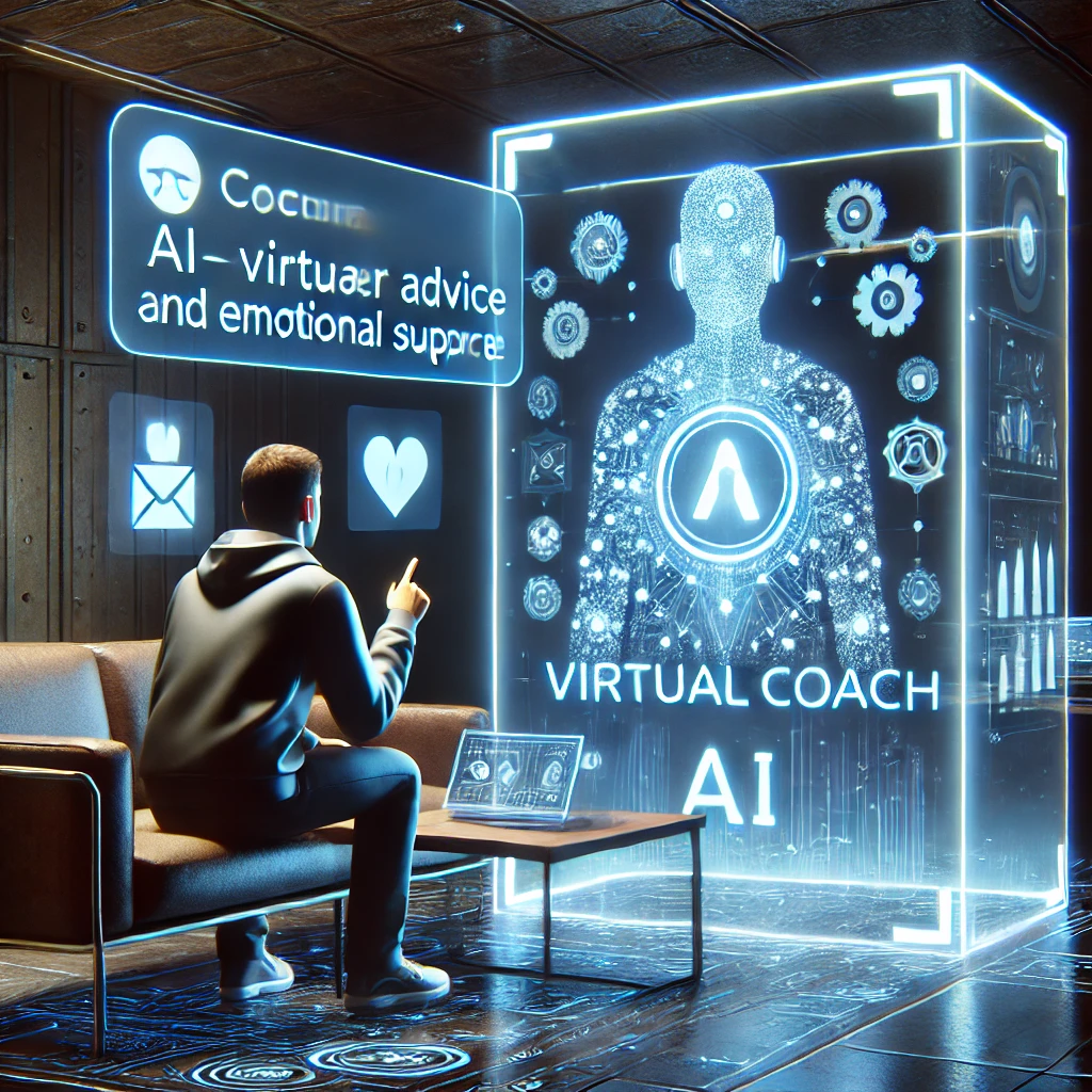 A person interacting with an AI-powered virtual coach on a holographic screen, providing personalized career advice and emotional support.