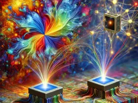 A vibrant and abstract representation of a Generative Adversarial Network (GAN) generating digital art, featuring two neural networks visually depicted with colorful and dynamic elements.